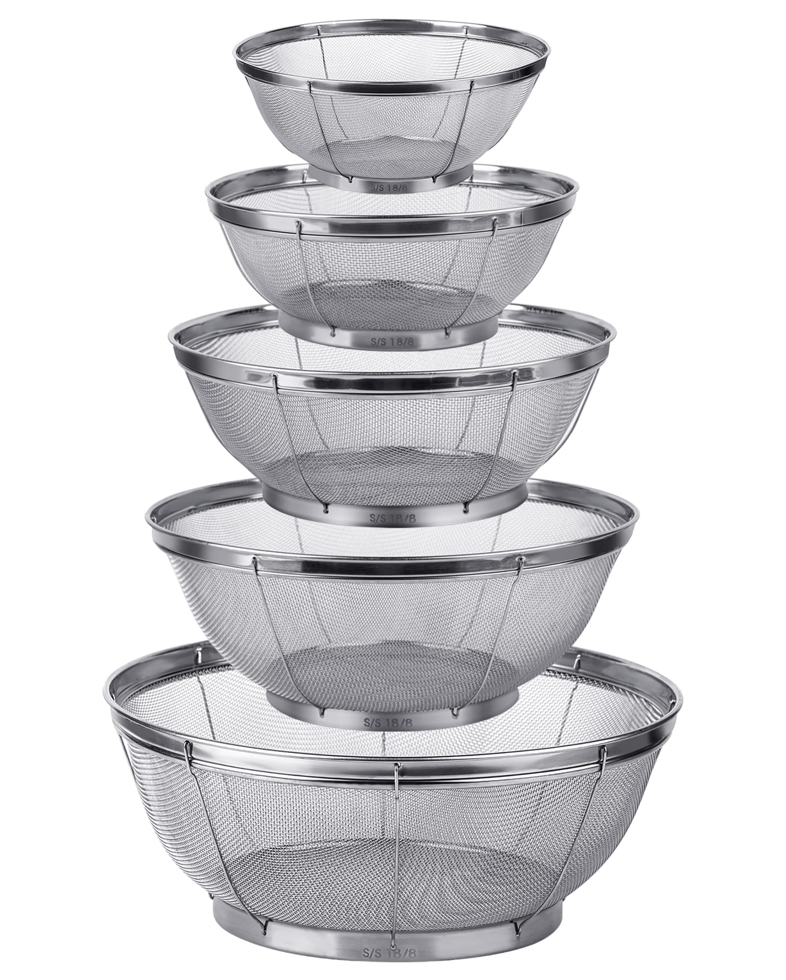 Tiawudi 5-pack stainless steel strainers extralarge 6-quart for quick pasta draining.