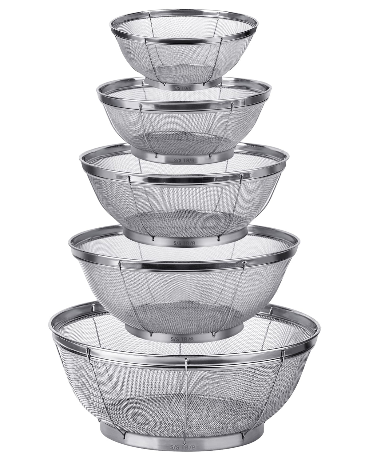 Tiawudi 5-pack stainless steel strainers extralarge 6-quart for quick pasta draining.