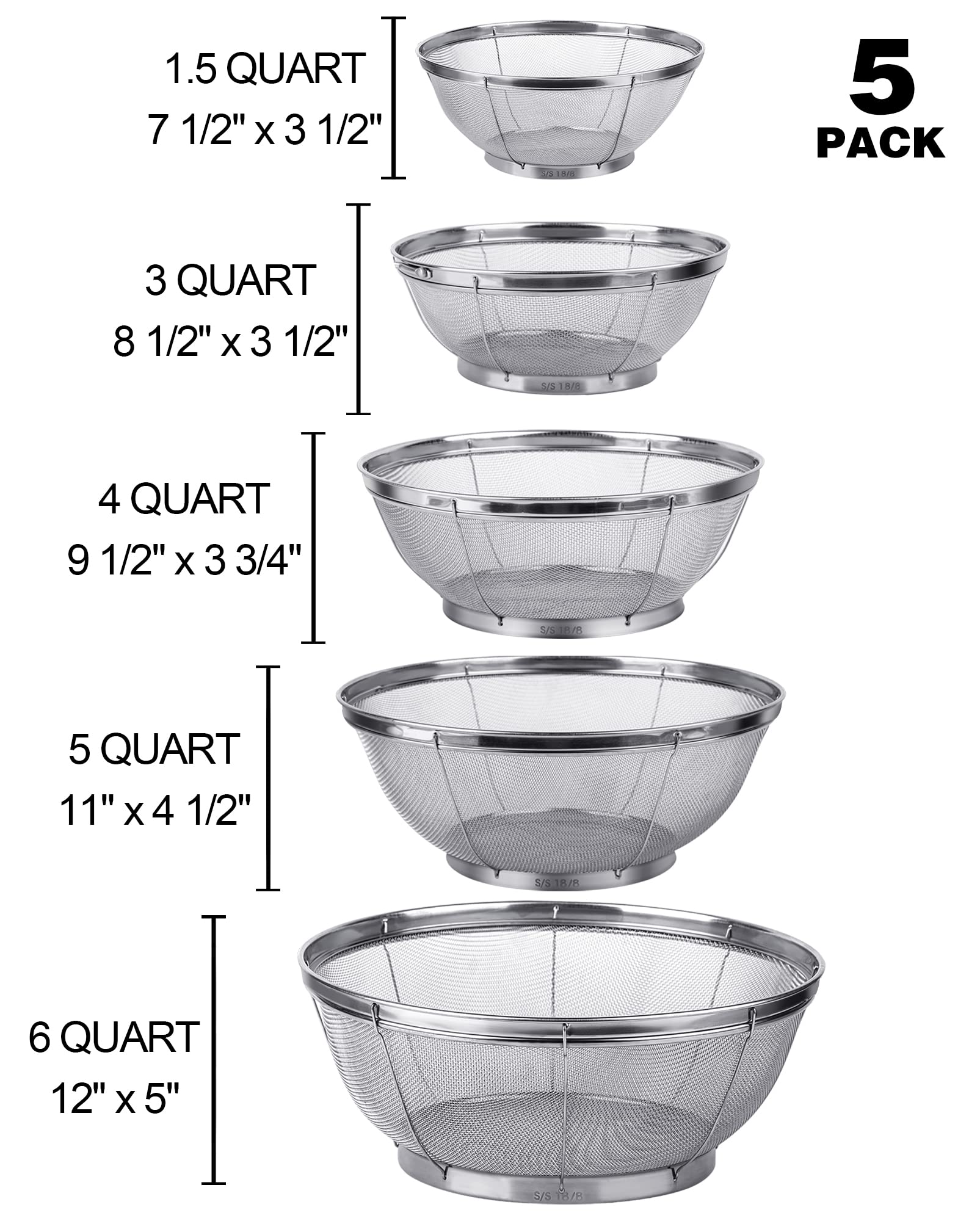 Tiawudi 5-pack stainless steel strainers medium 4-quart versatile for washing fruits and grains.