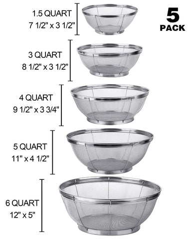 Tiawudi 5-pack stainless steel strainers medium 4-quart versatile for washing fruits and grains.