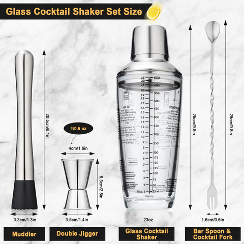 Tiawudi glass shaker shows double scales in oz and ml for accurate ingredient ratios.