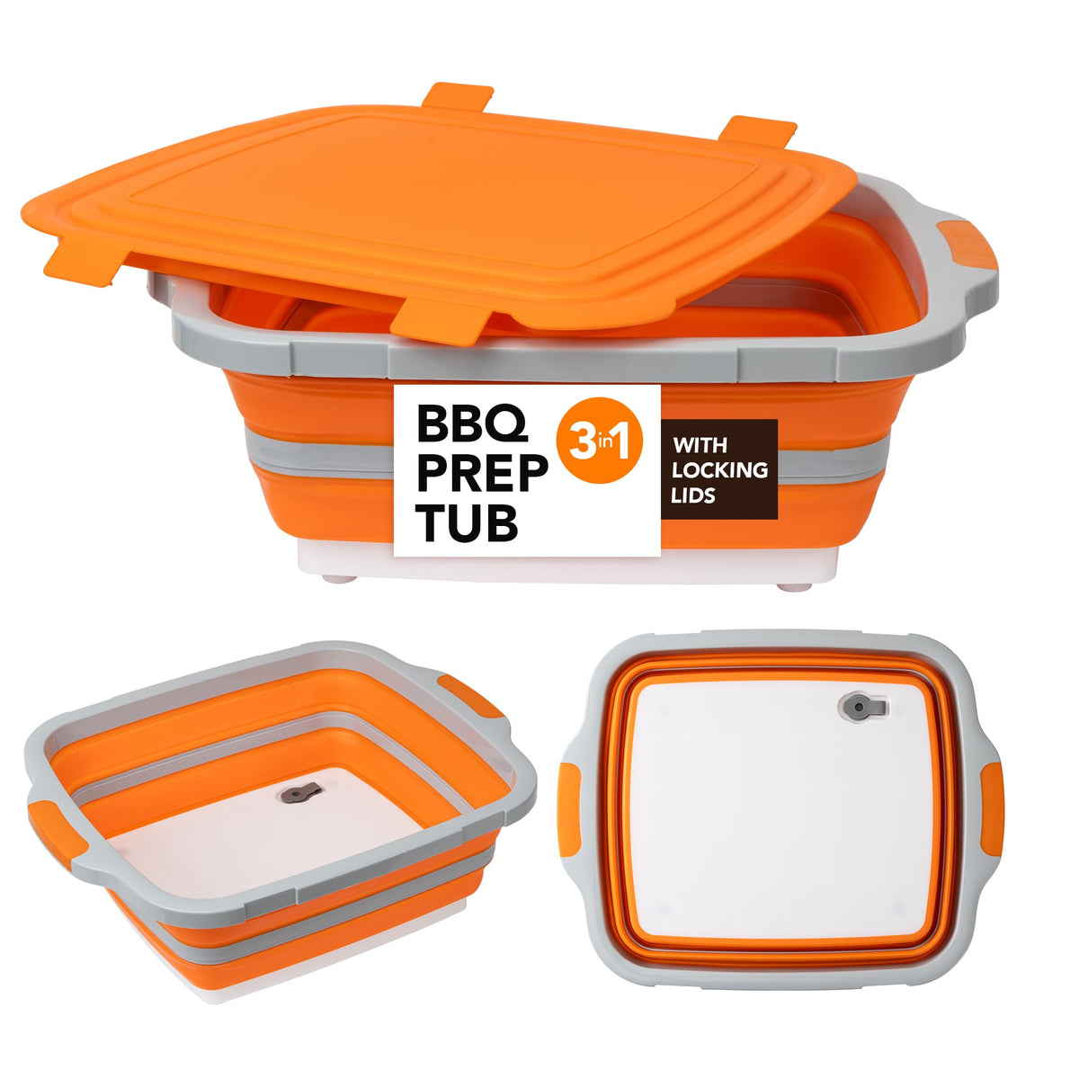 Tiawudi large collapsible BBQ prep tub with locking lid, perfect for marinating and prep surfaces.