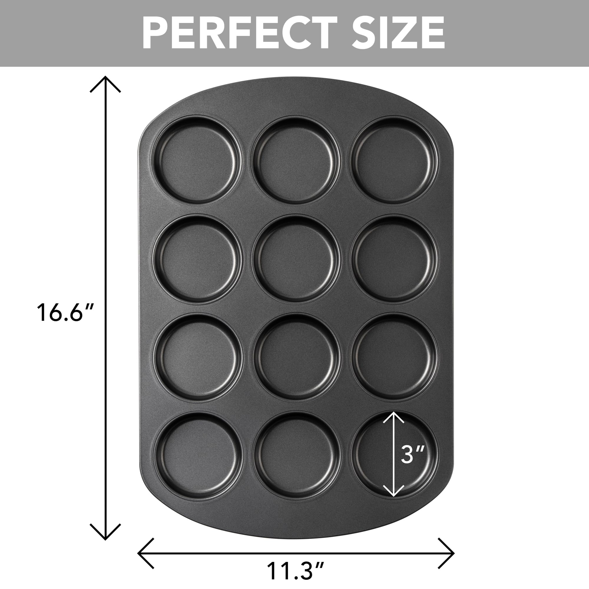 Tiawudi nonstick cupcake pan with 3 inch cavities for clean release.
