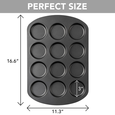 Tiawudi nonstick cupcake pan with 3 inch cavities for clean release.