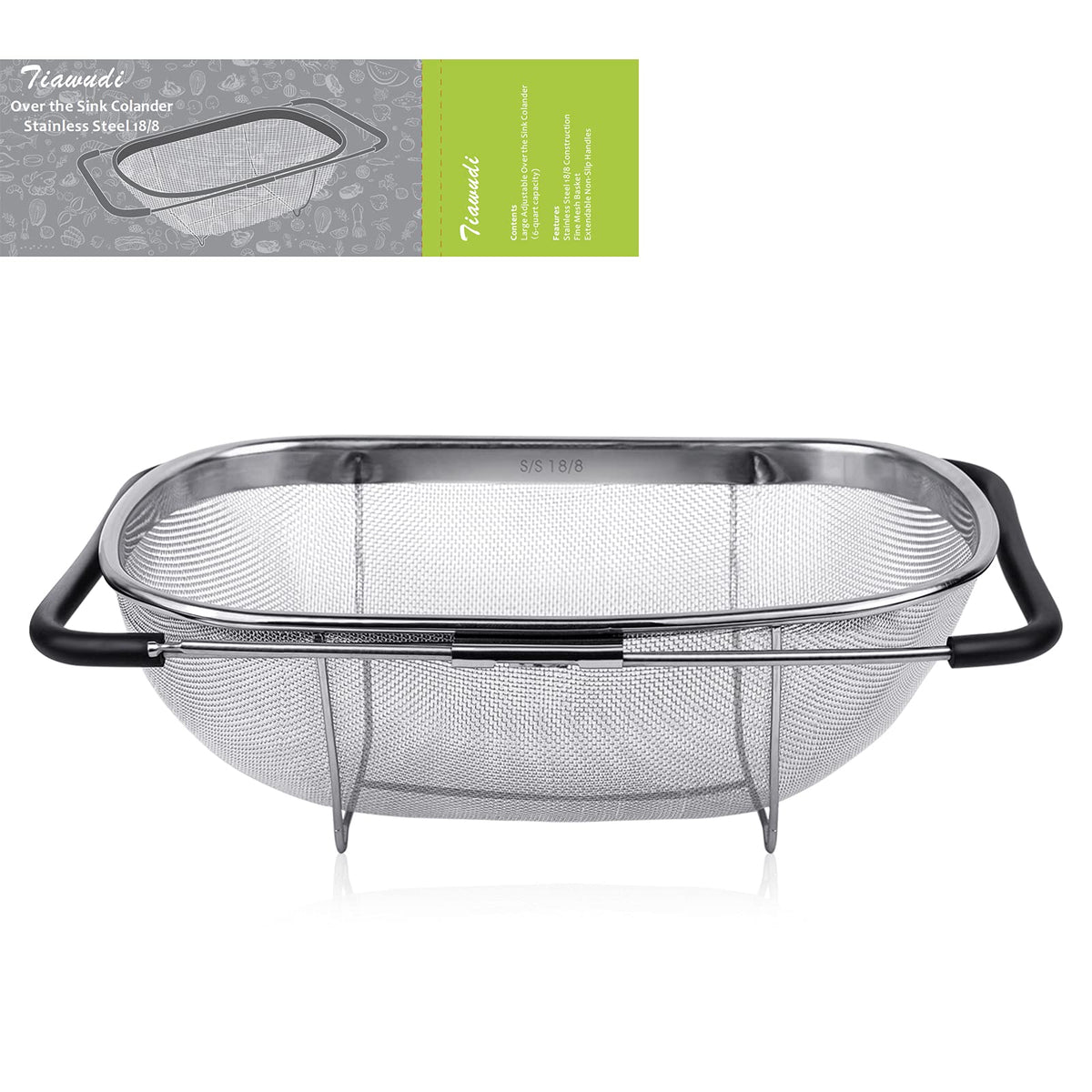 Tiawudi over-the-sink colander with wide rim for quick draining and easy setup.