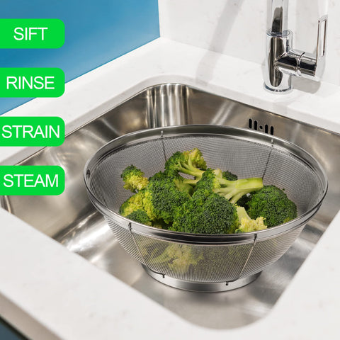 Tiawudi stainless steel colander rust-free and dishwasher safe for easy cleanup.