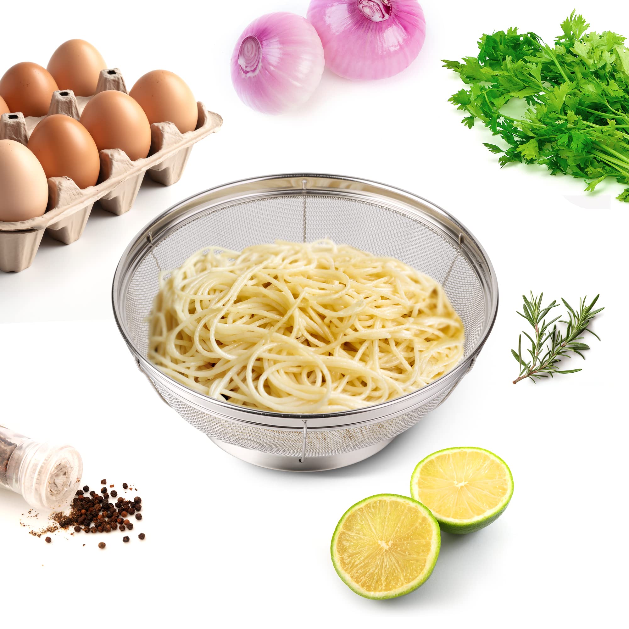 Tiawudi 18/8 construction stainless steel strainer set supports versatile kitchen tasks.