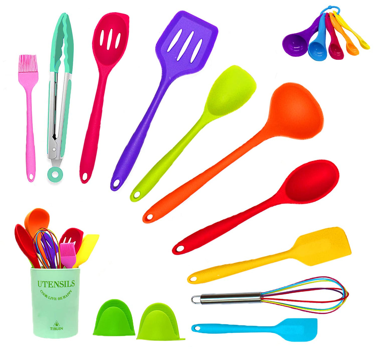 TIBLEN 18-piece silicone utensil set assembled for easy cooking, with smooth non-stick protection.