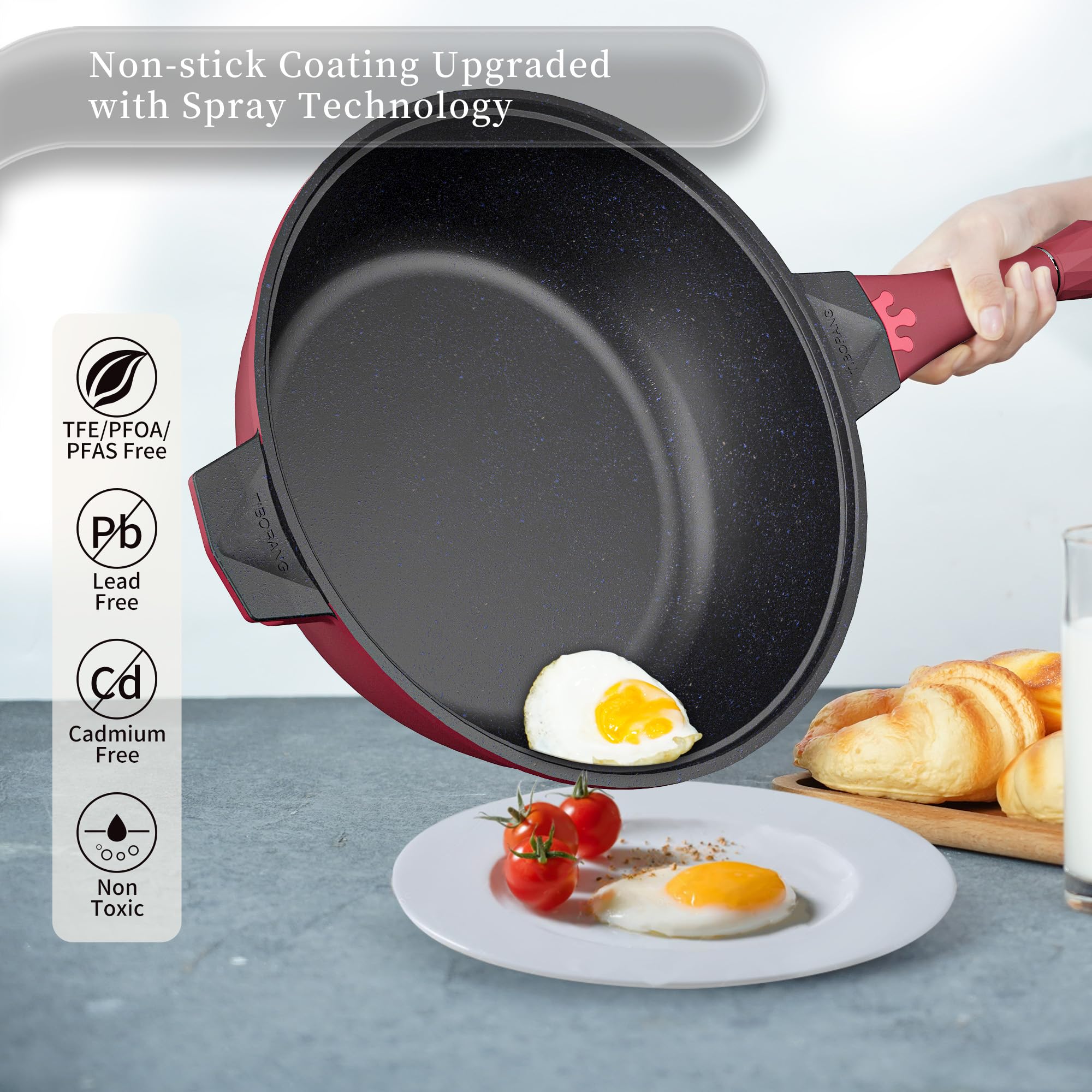 TIBORANG 8 in 1 nonstick coating demonstrates effortless egg release.