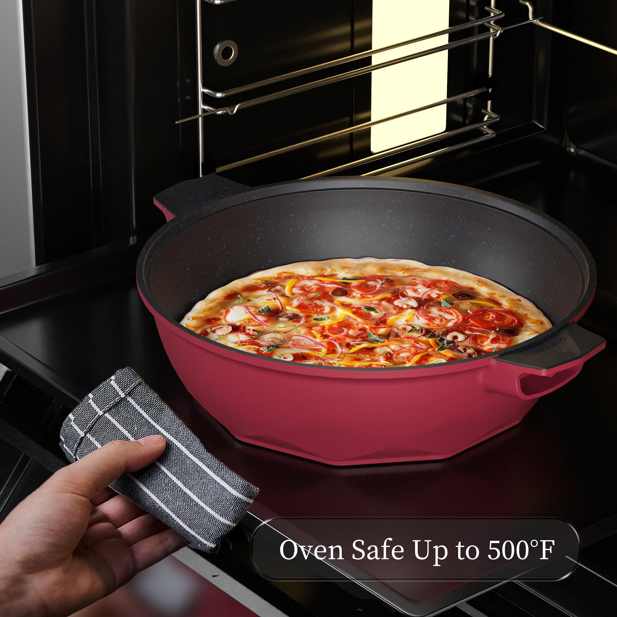 TIBORANG 8 in 1 pan on induction with oven-safe up to 500°F.