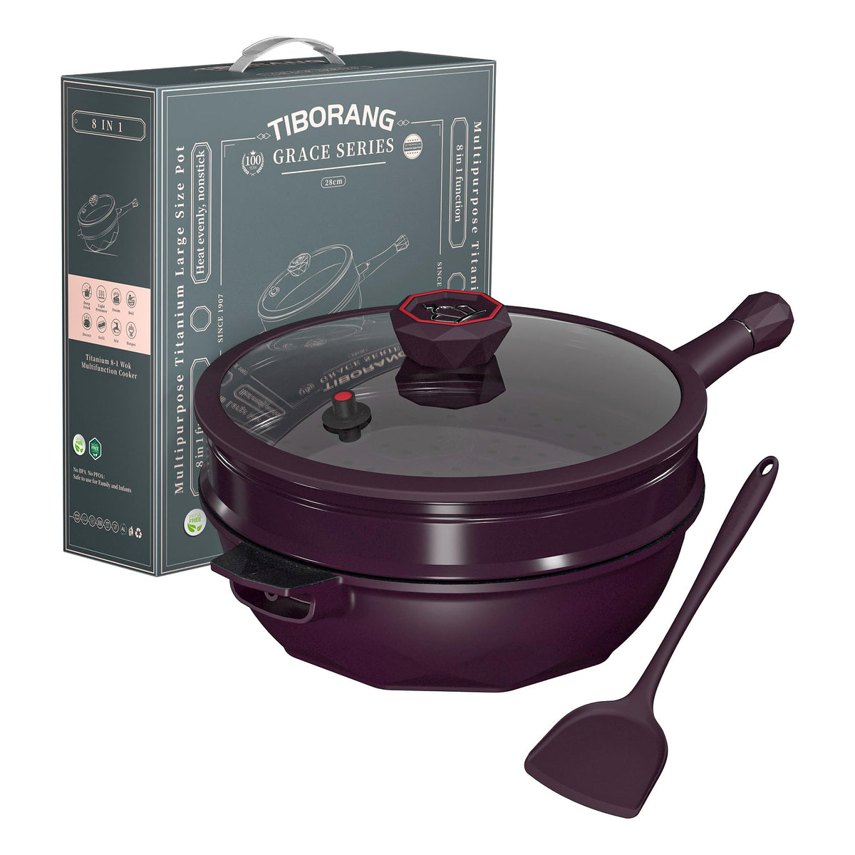 TIBORANG 8-in-1 pan with diamond-pattern lid for easy cooking and cleanup.