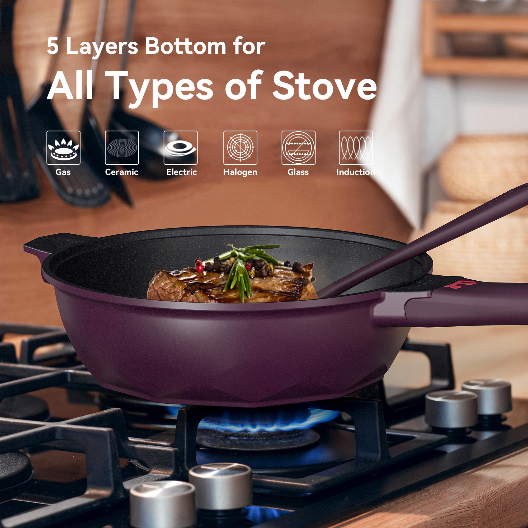 TIBORANG 11-inch pan with nonstick coating supports low-fat cooking.
