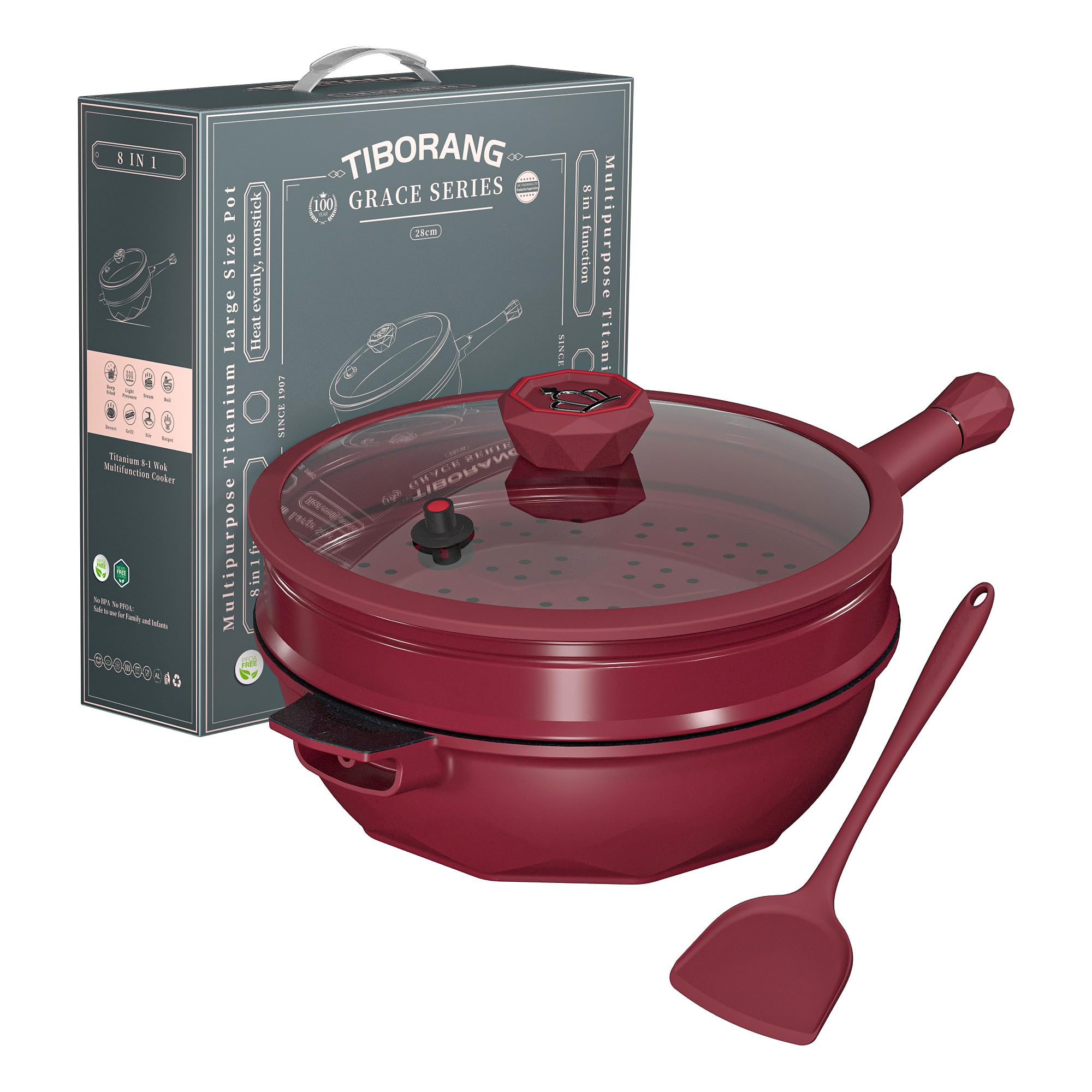 TIBORANG 8 in 1 pan top view with glass lid, easy monitoring during cooking.