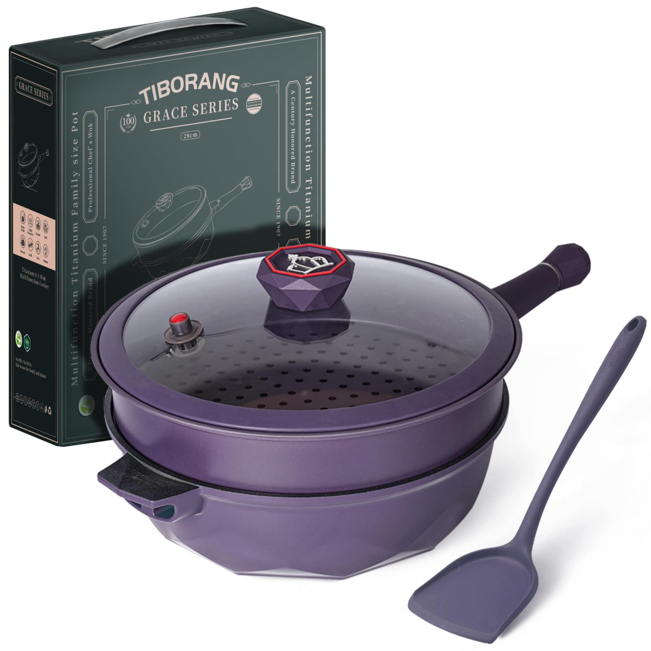 TIBORANG 8-in-1 purple pan with lid shows all-in-one versatility for weeknight meals.
