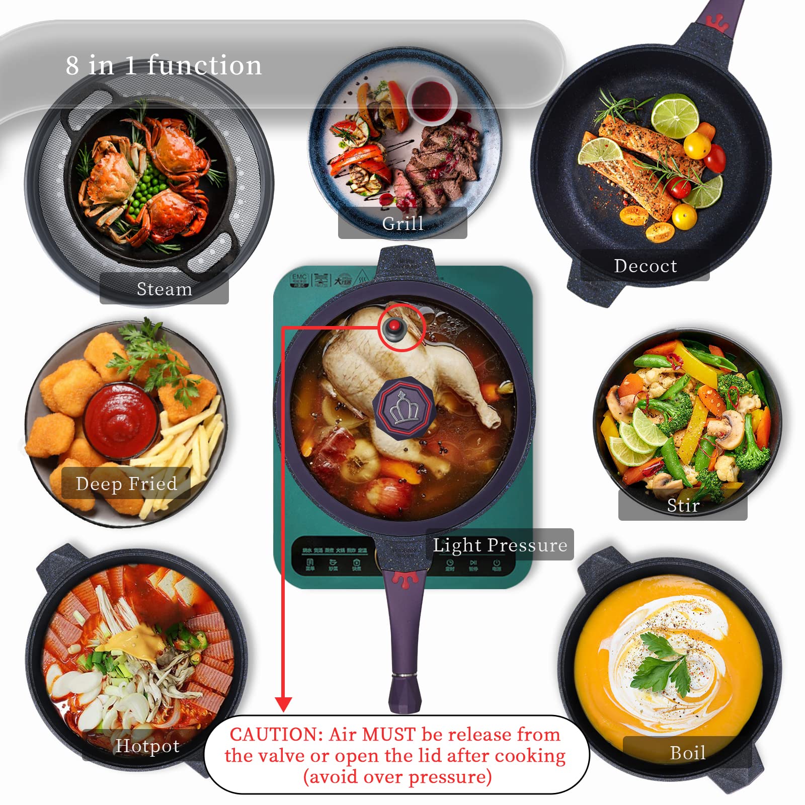 TIBORANG purple pan with steam grid enables gentle steaming and flavor locking.