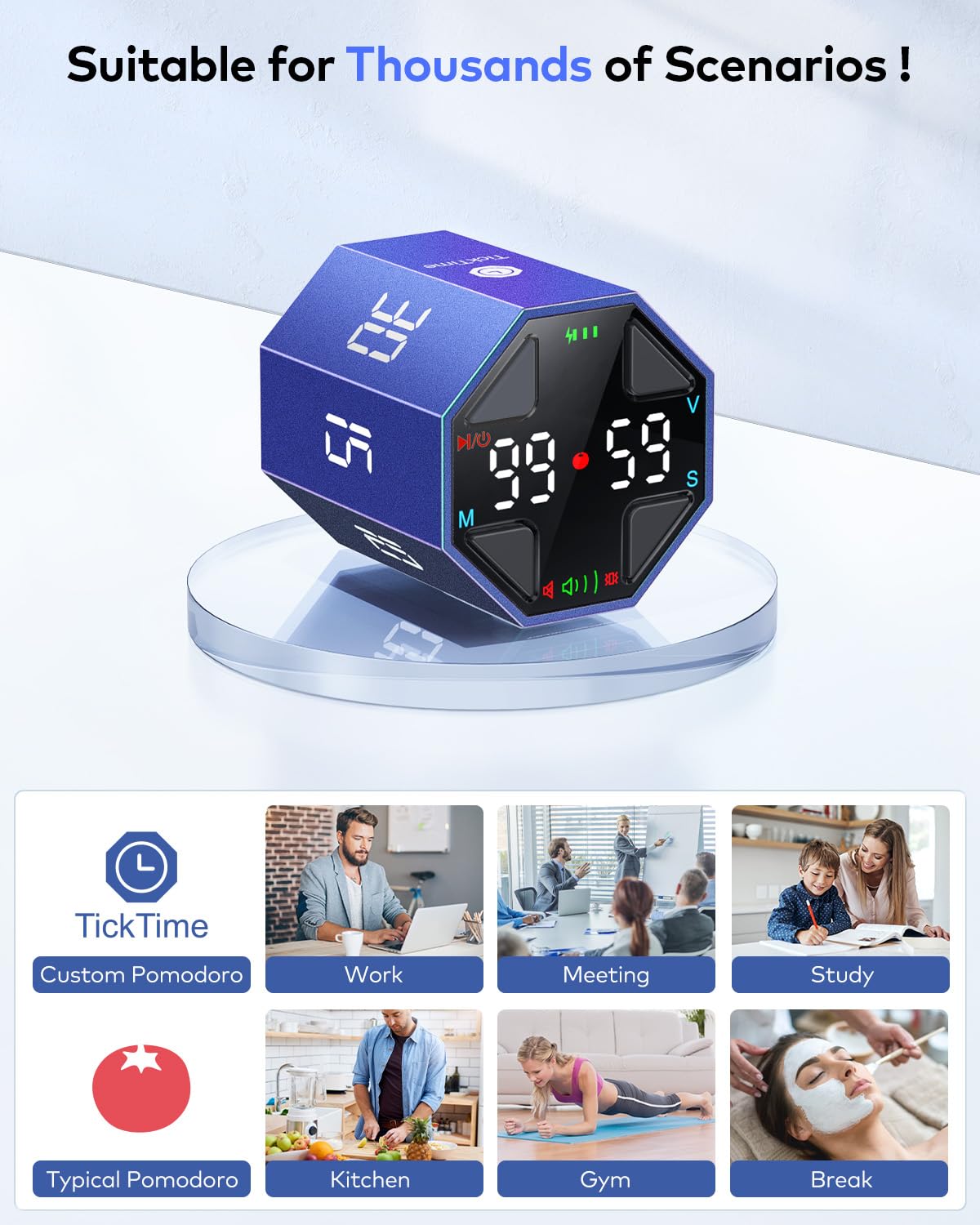 Ticktime Pomodoro Cube on a desk for reliable time management at work or study.