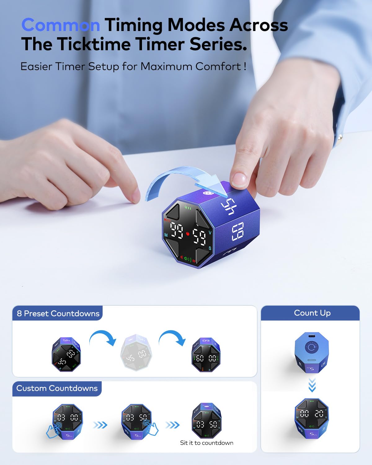Ticktime Pomodoro Cube magnetic base frees hands on metallic surfaces.
