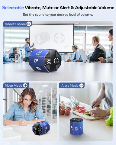 Ticktime Pomodoro Cube adjustable alerts offer silent or vibrate notifications.
