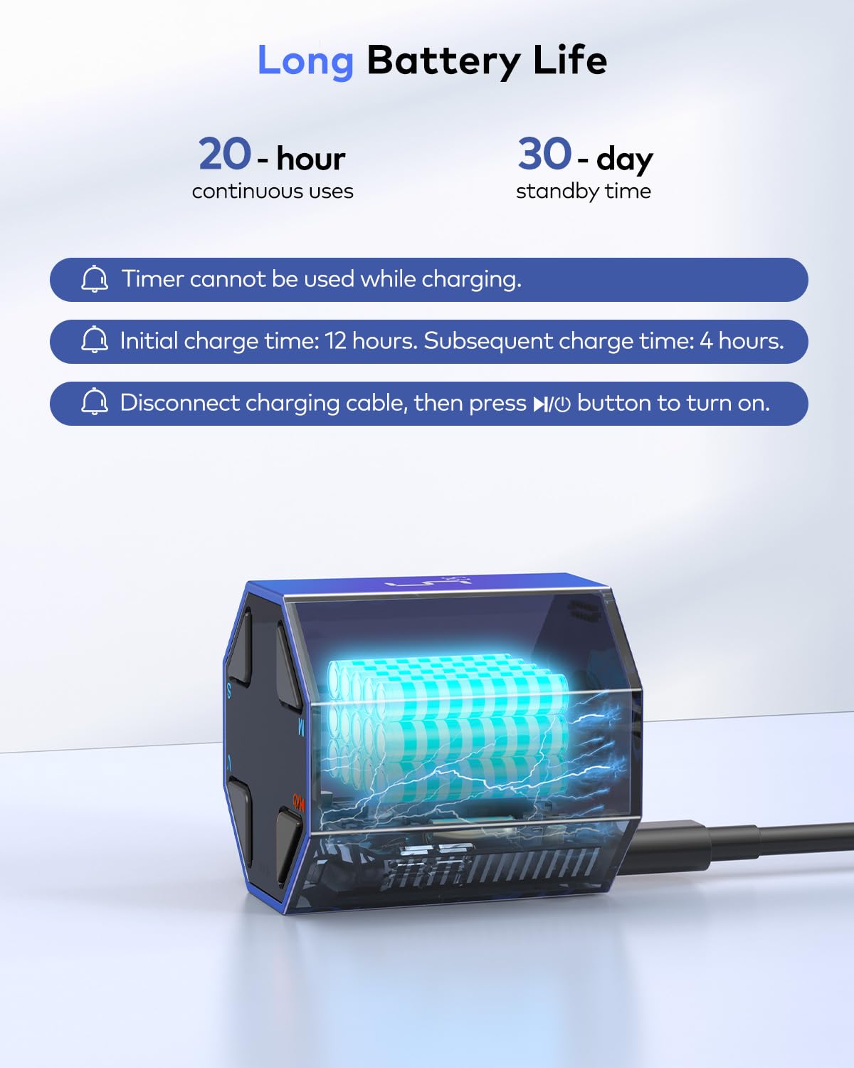 Ticktime Pomodoro Cube rechargeable with USB C battery eliminates frequent changes.