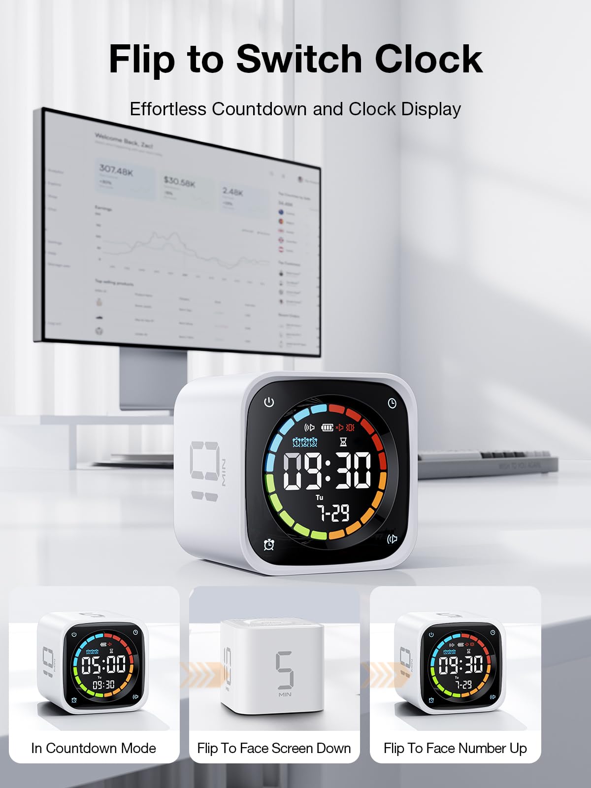 Desk clock mode with retro LED design and base