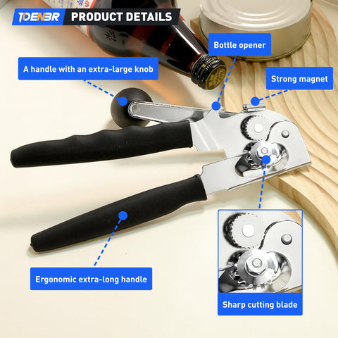 Side view of TIDENBR can opener showing ergonomic crank and soft grip
