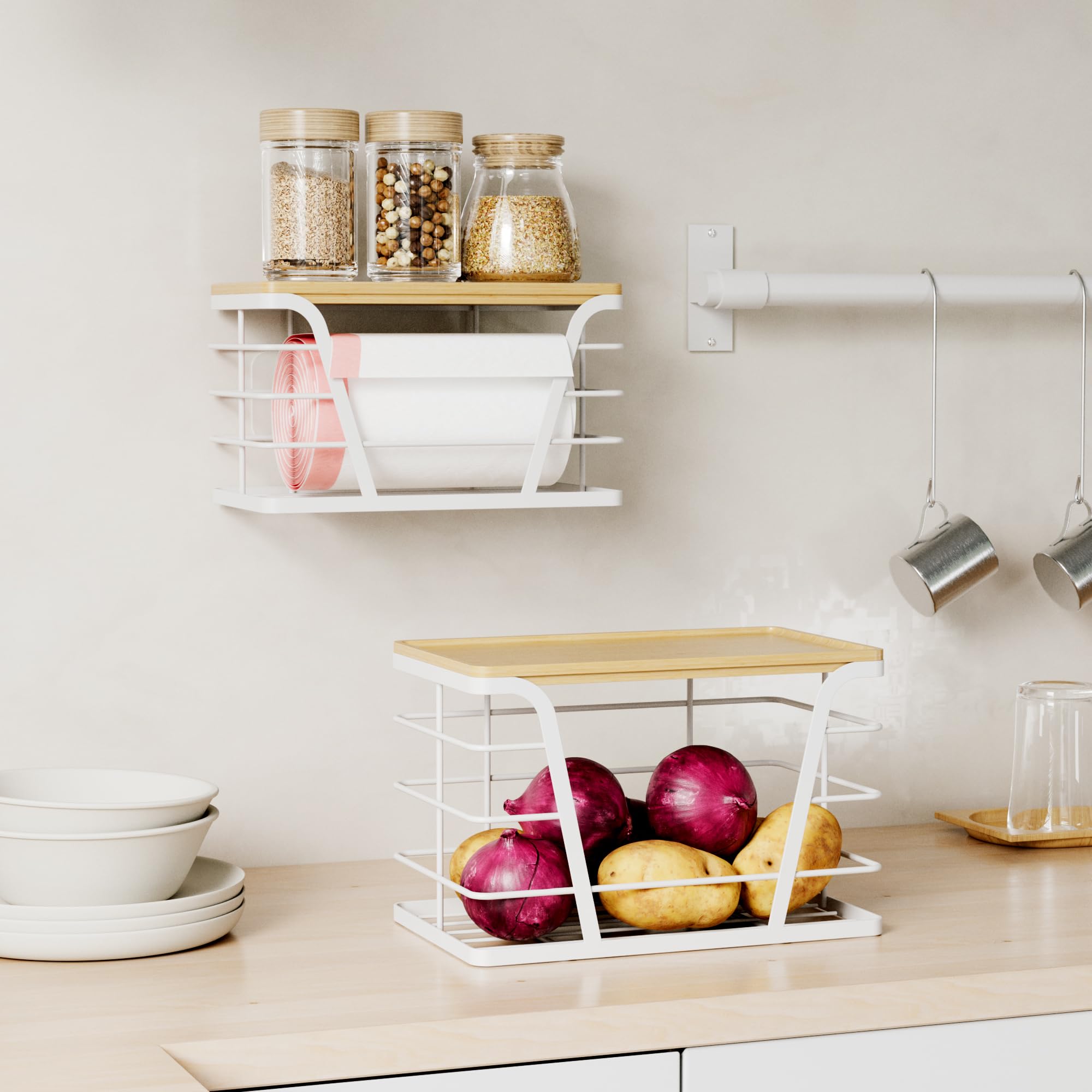 Tidiiabode dispenser with adhesive hooks installs quickly on walls.