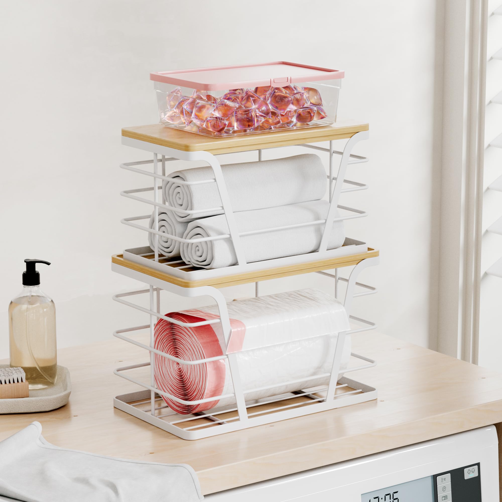 Tidiiabode white finish blends with laundry room or pantry decor.