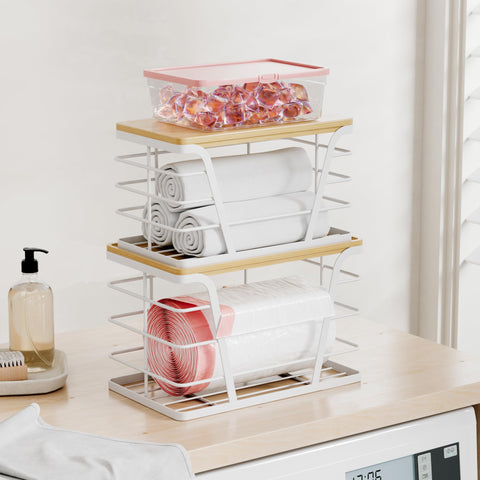 Tidiiabode white finish blends with laundry room or pantry decor.
