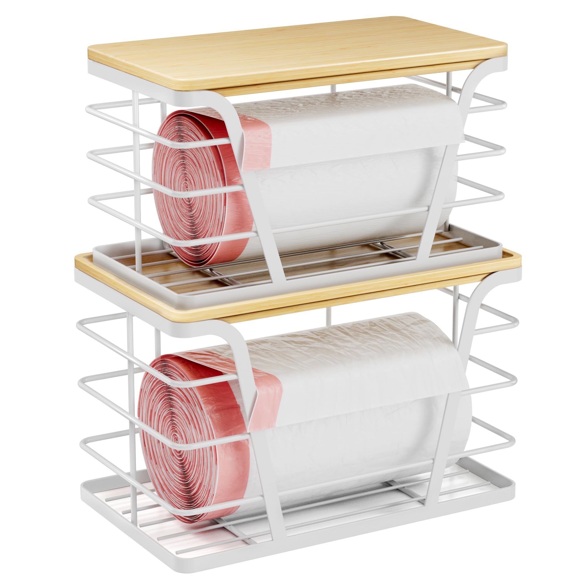 Tidiiabode small trash bag dispenser with bamboo top for under-sink organization.