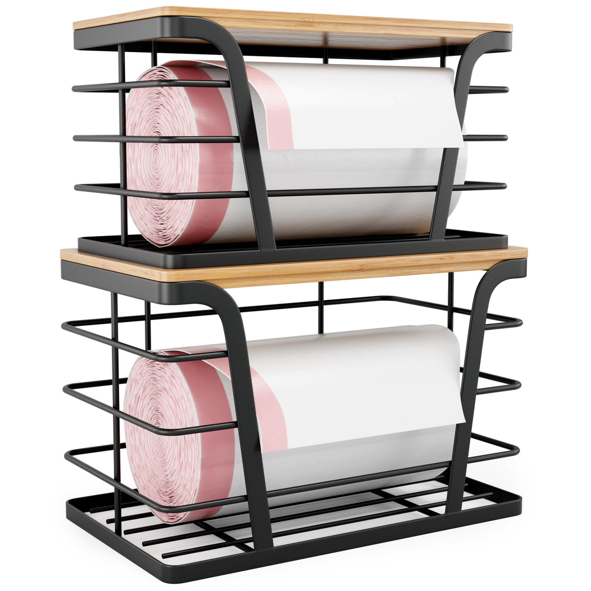 TIDIIABODE small trash bag organizer keeps 13-gallon rolls neatly arranged for easy access.