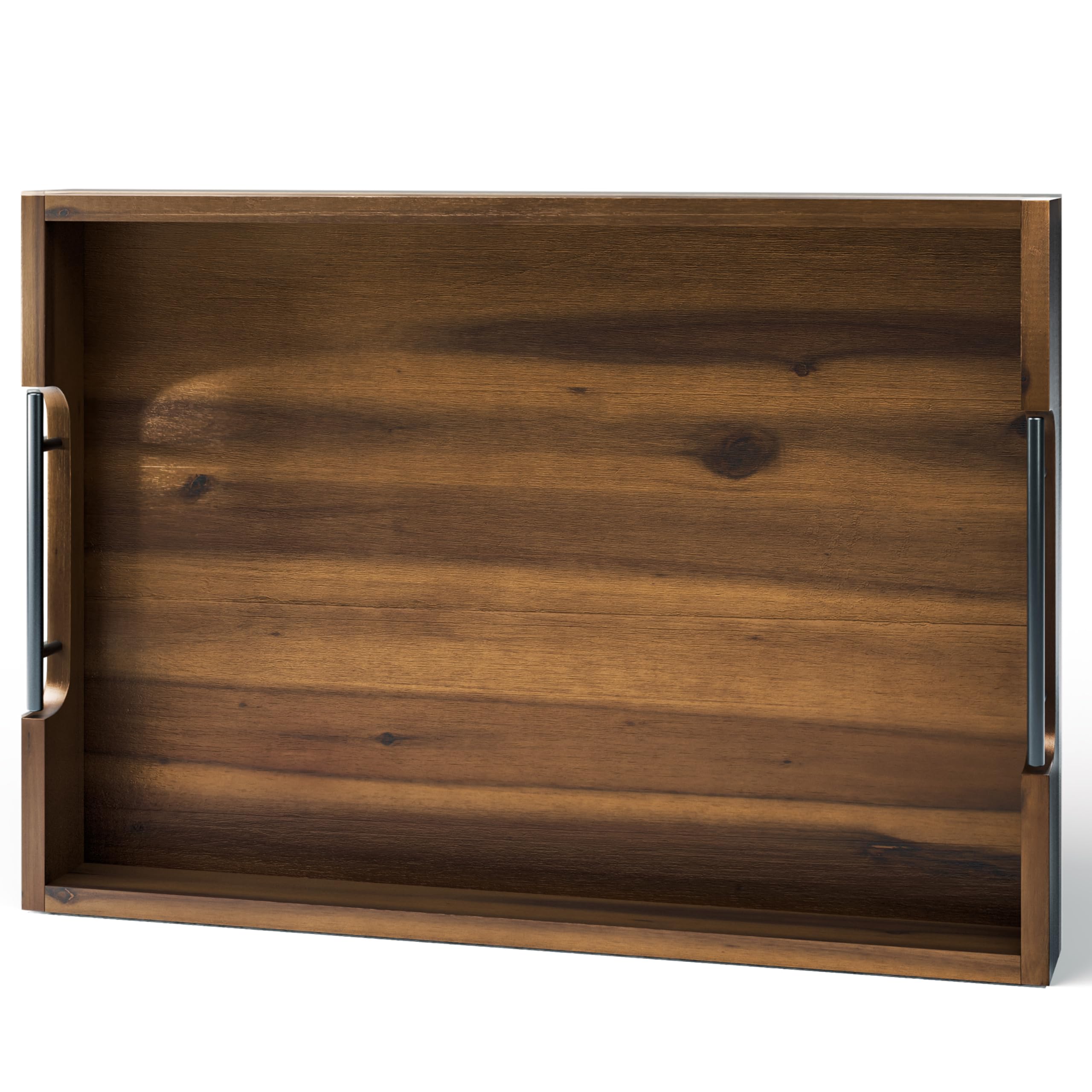 Tidita 20-inch acacia wood ottoman tray, top view; natural grain, walnut finish.