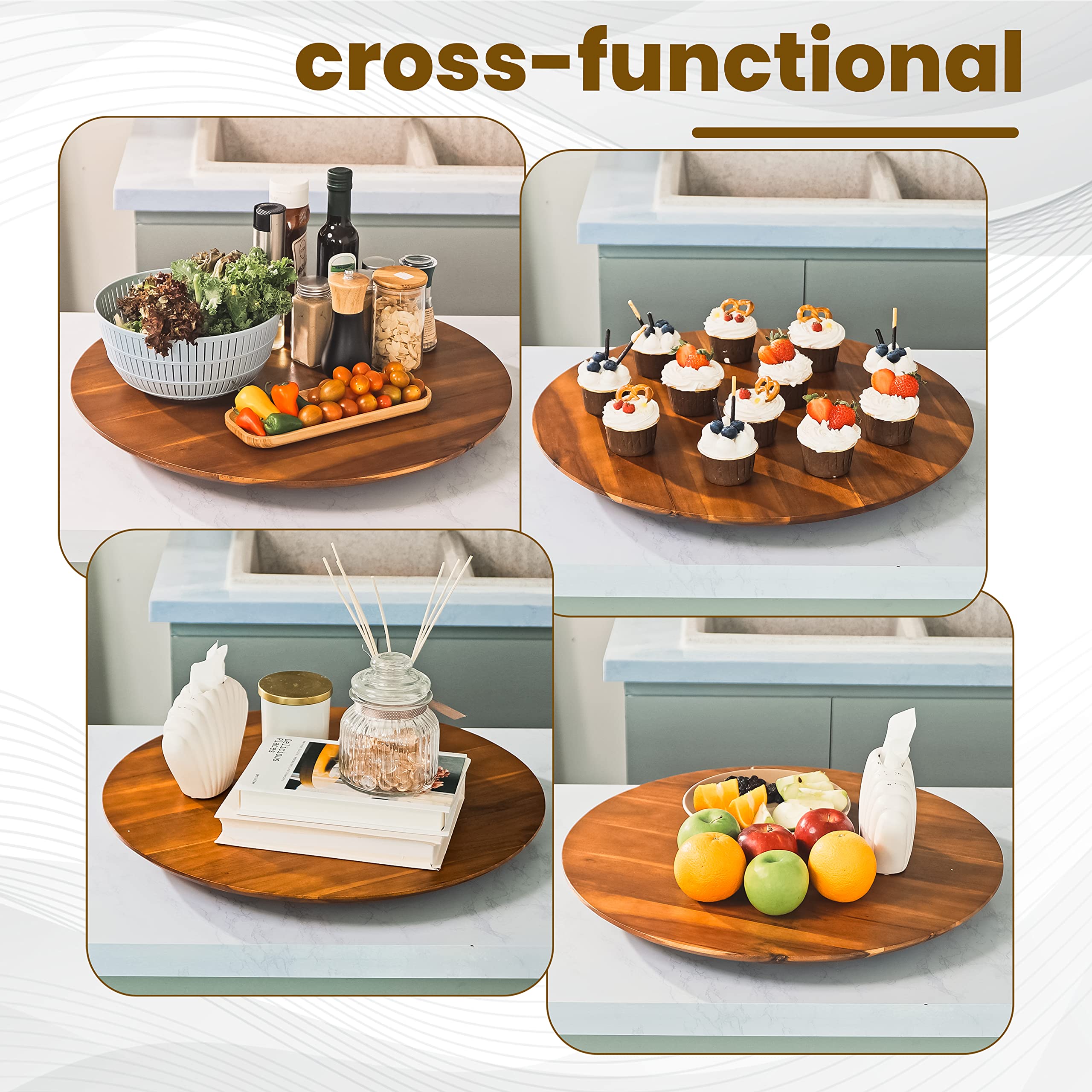Tidita 21-inch Acacia Lazy Susan anti-slip pads stabilize the base and protect surfaces.