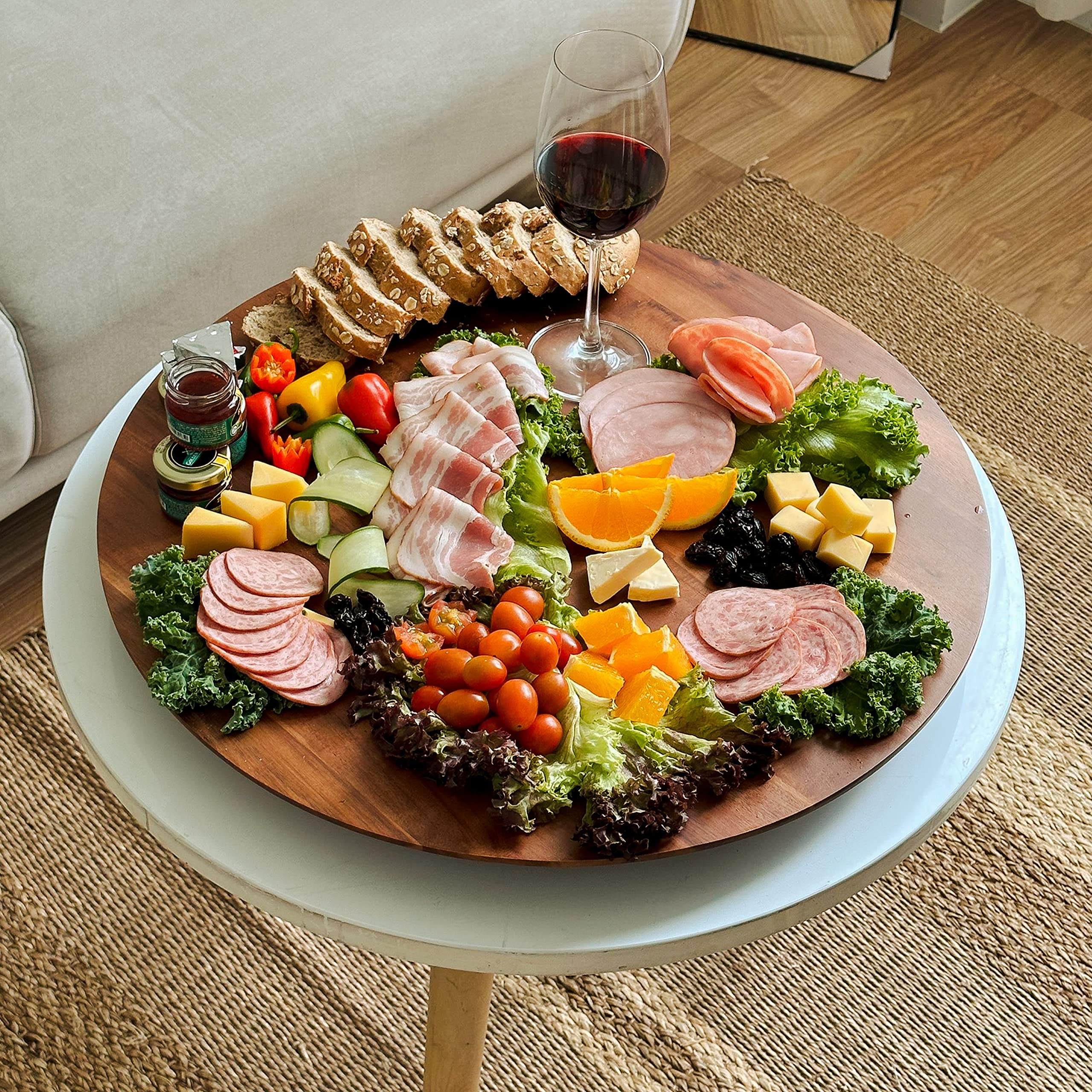 Tidita 21-inch Acacia Lazy Susan rotating mechanism enables easy 360-degree access.