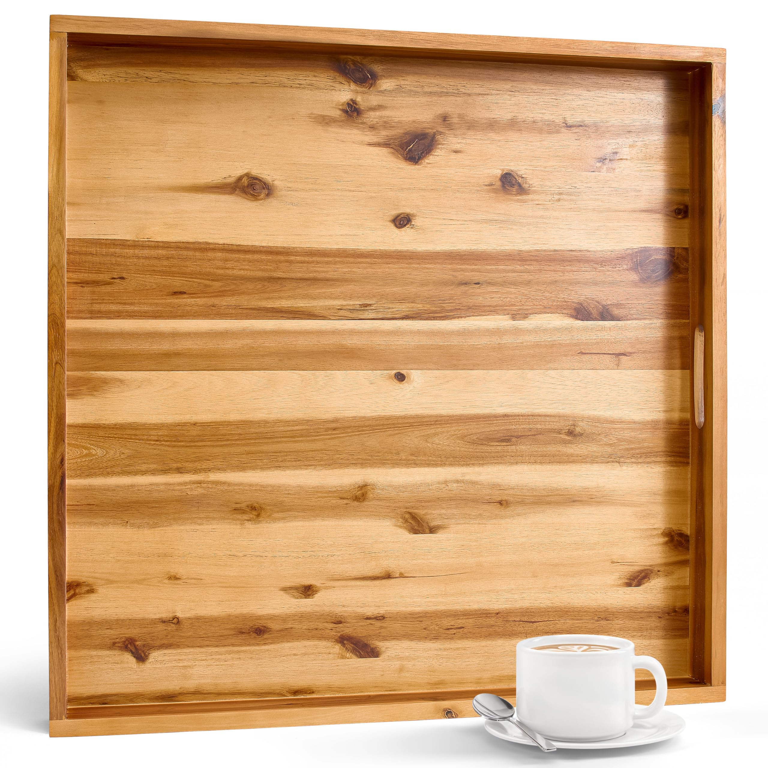 Tidita 24-inch acacia wood ottoman tray showcases its natural grain for stylish serving.