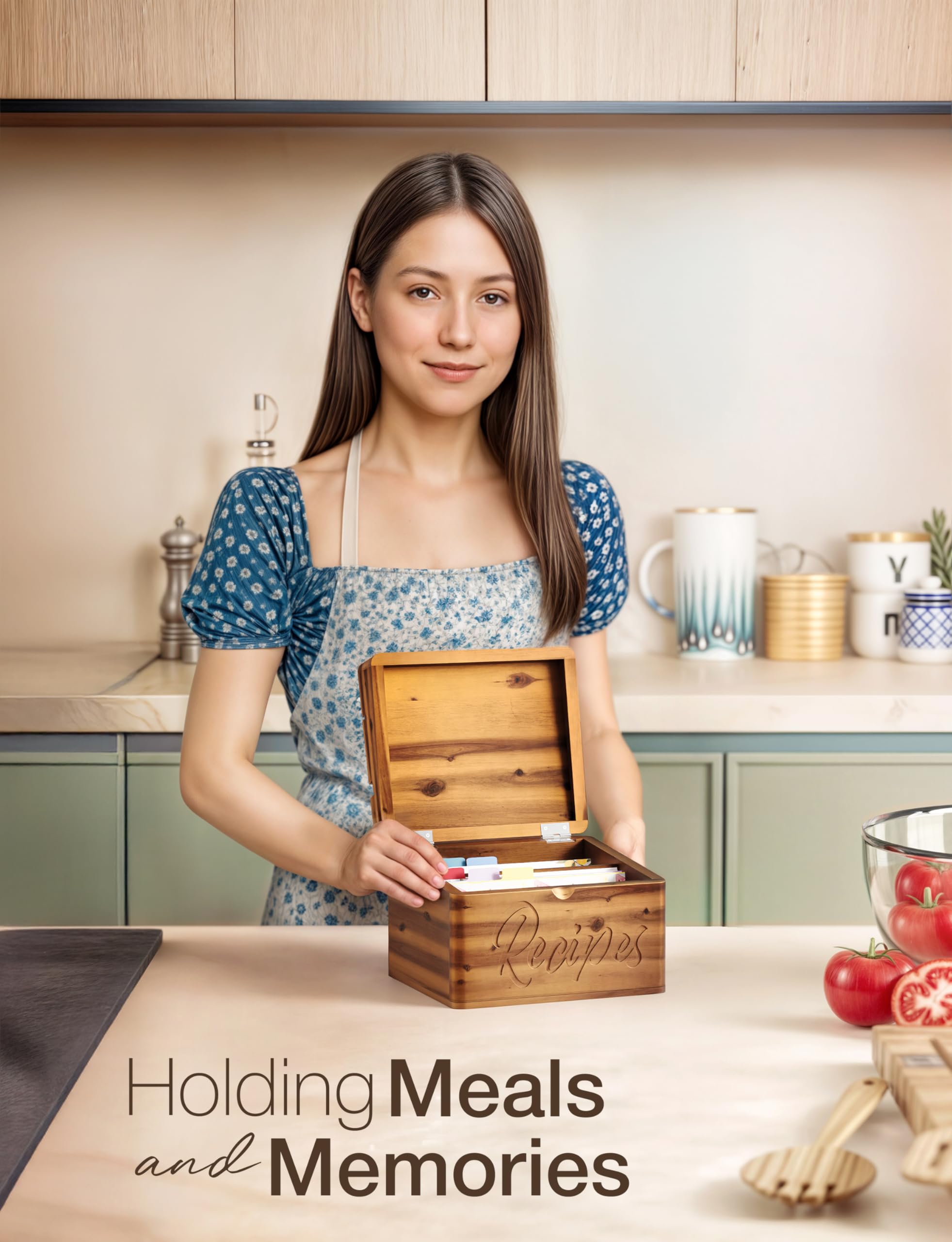 Tidita Acacia engraved recipes front adds timeless charm to any counter.