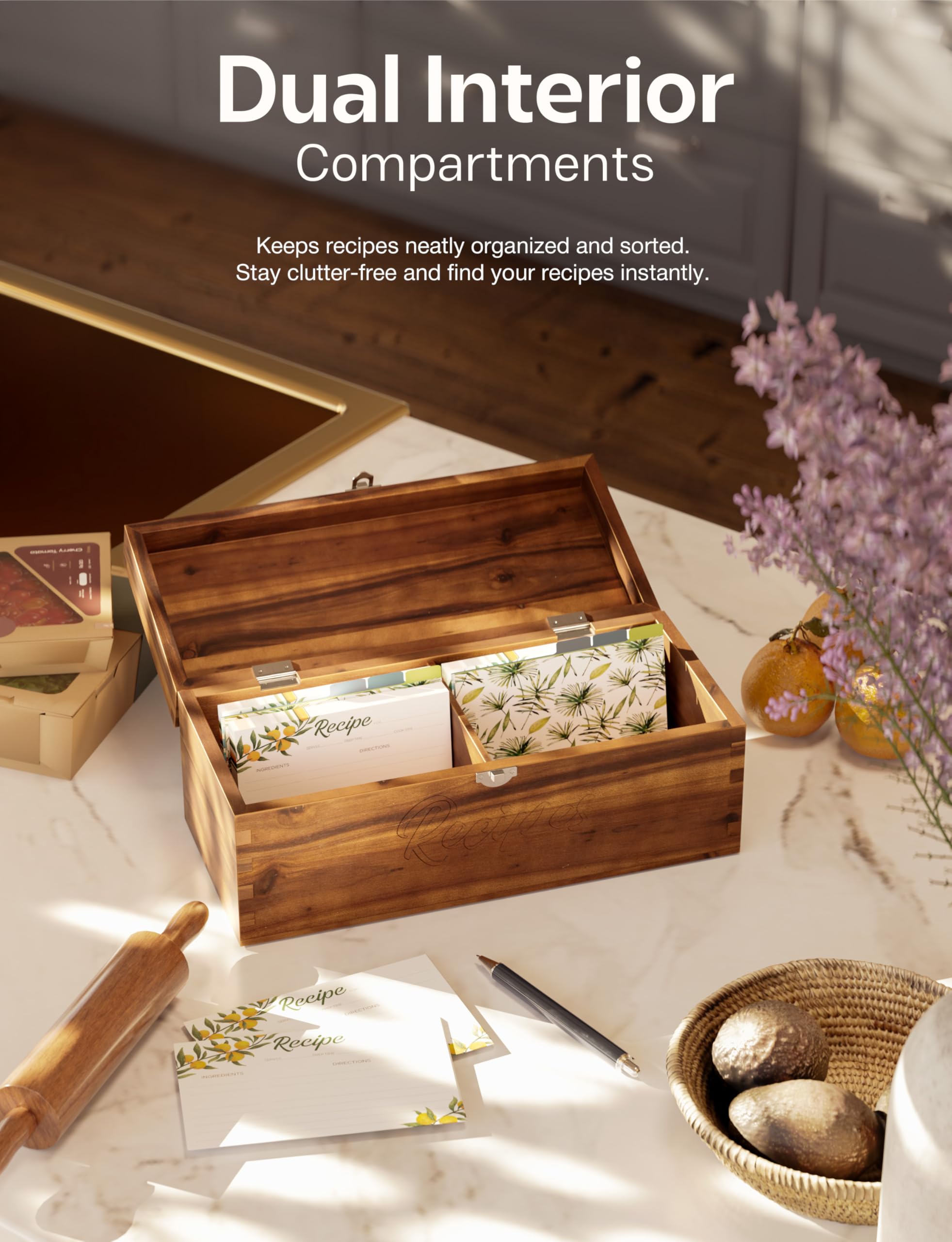 Tidita Acacia Recipe Box on the counter for easy viewing and reach