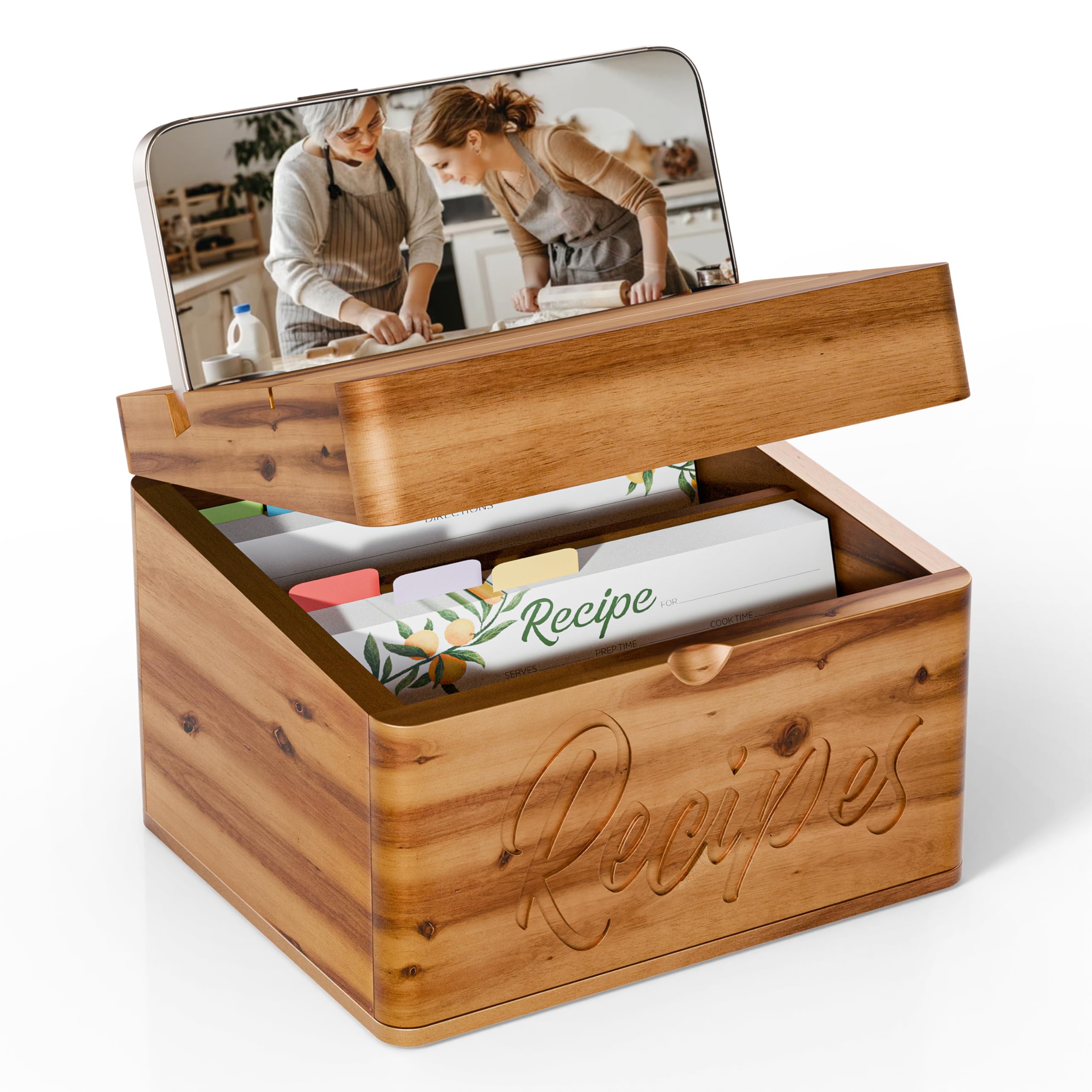 Tidita Acacia recipe box front view shows warm wood tone for easy meal planning display.