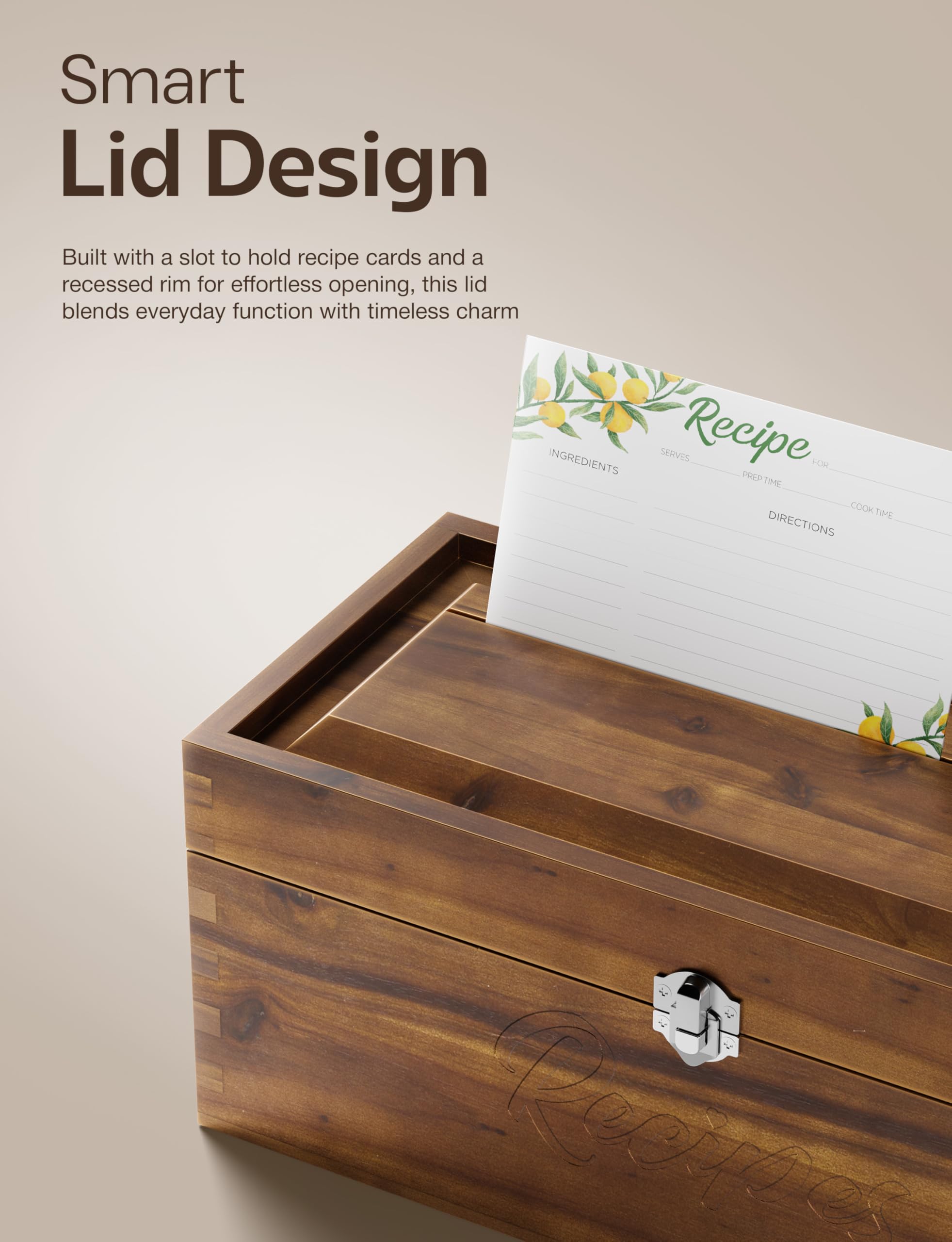 Tidita Acacia Recipe Box two compartments neatly sorts recipes and notes