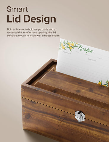 Tidita Acacia Recipe Box two compartments neatly sorts recipes and notes