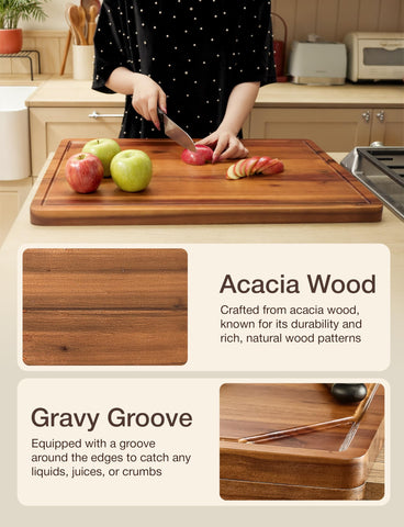 Tidita acacia serving board close-up highlighting 24x18 inch area for prep