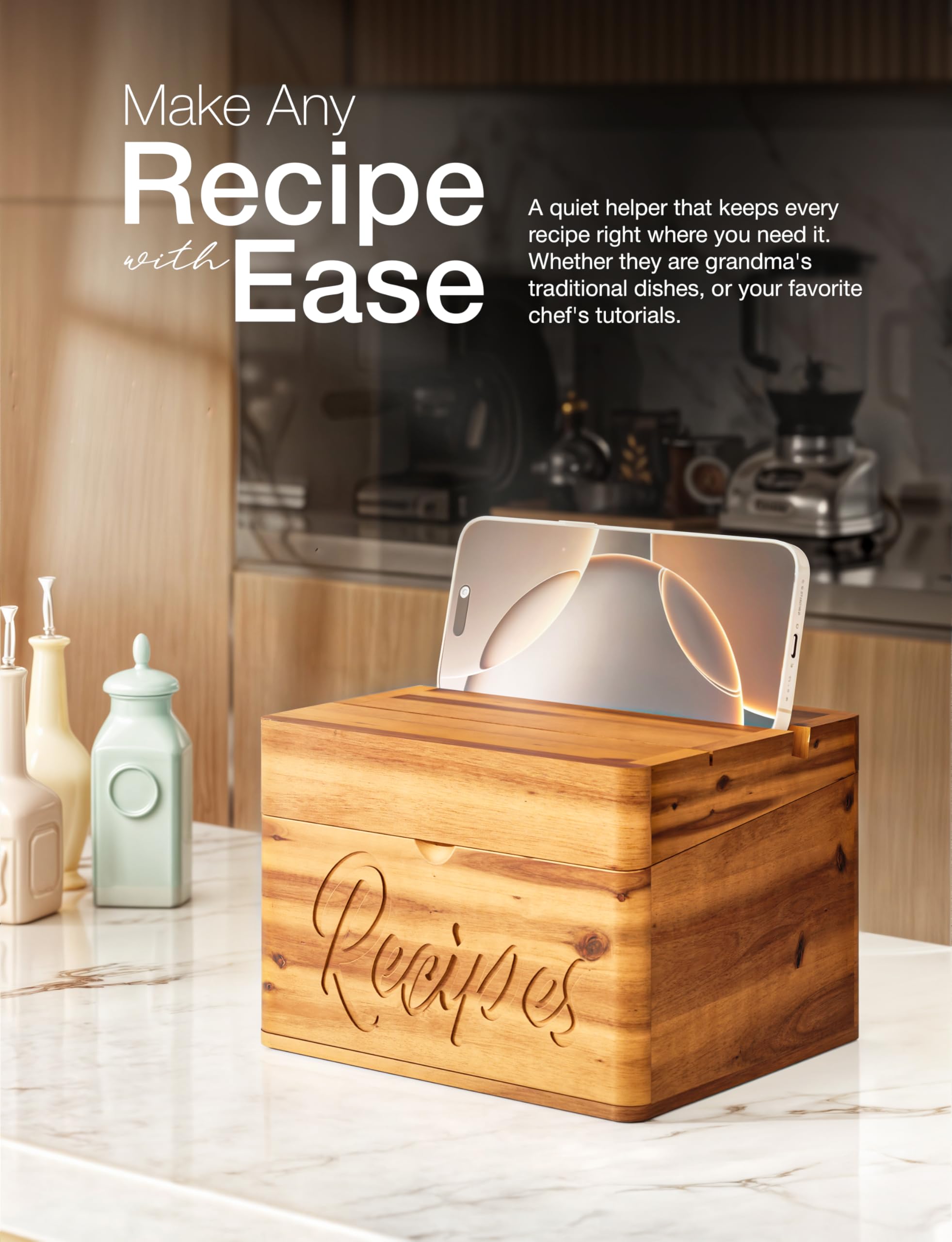 Tidita Acacia smartphone slot for hands-free cooking and reference.