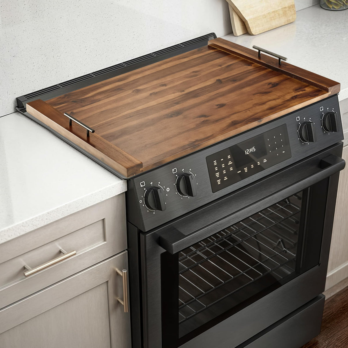 Tidita Acacia stove top cover in walnut finish adds extra counter space.
