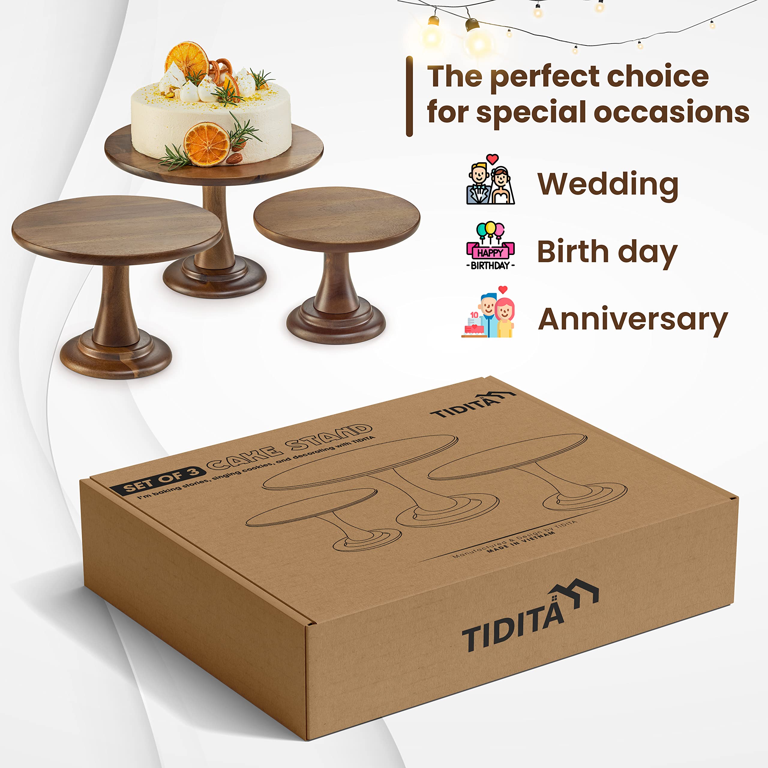 Tidita acacia wood cake stand set display offers versatile serving options.