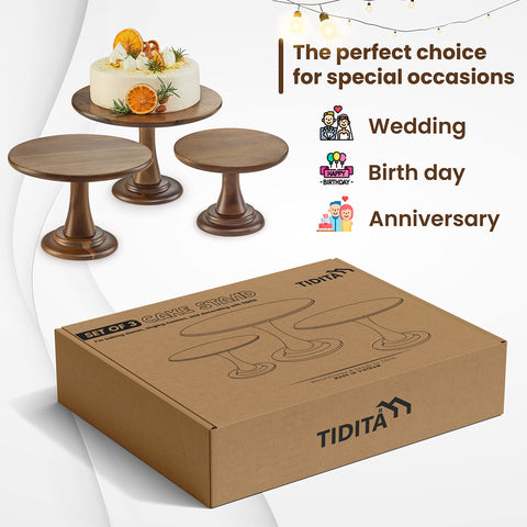 Tidita acacia wood cake stand set display offers versatile serving options.