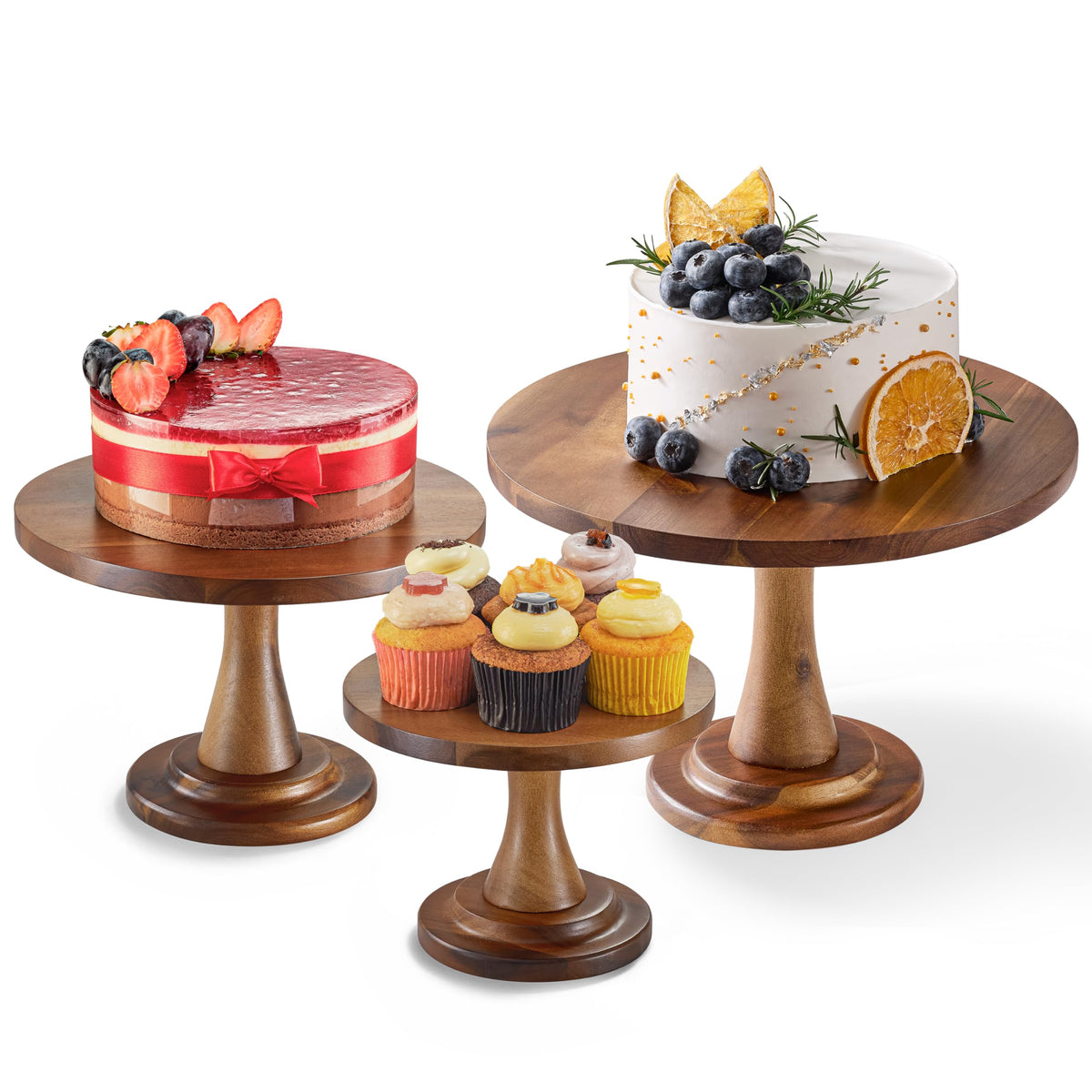 Tidita acacia wood cake stand small showcases a rustic pedestal for mini desserts.