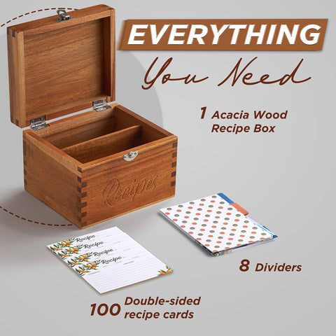 Tidita acacia wood recipe box with dividers and labels for clear organization.