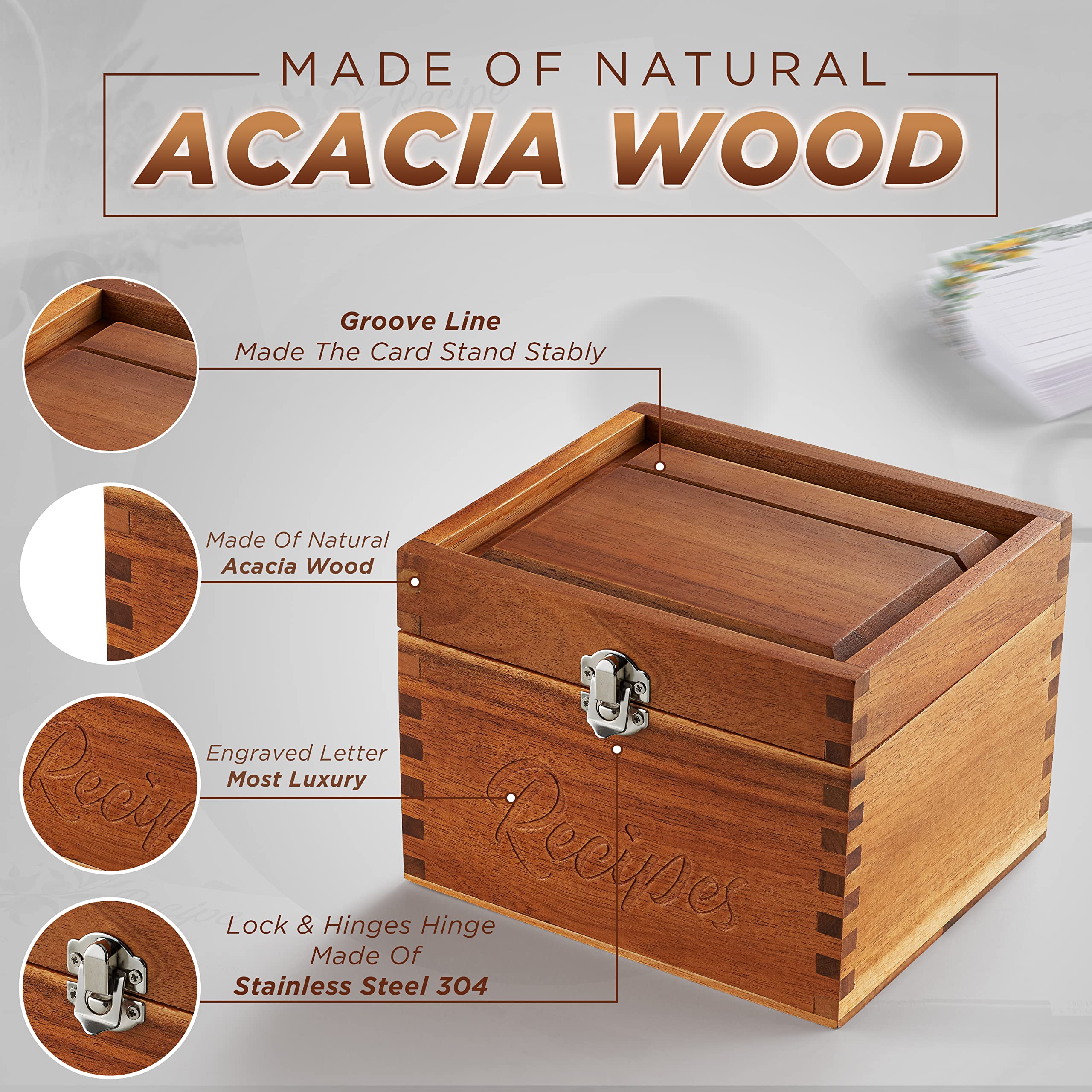 Tidita acacia wood recipe box open with cards showing organized storage.