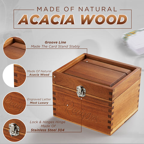 Tidita acacia wood recipe box open with cards showing organized storage.