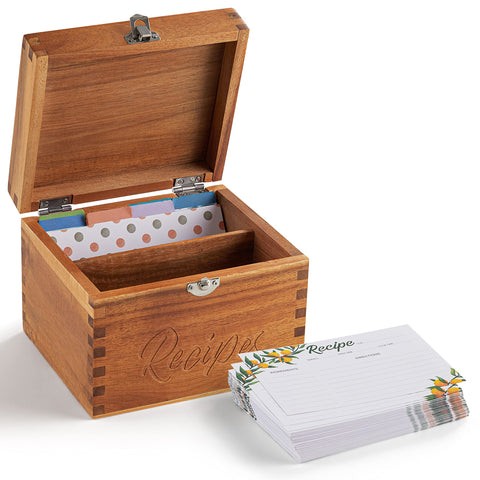 Tidita acacia wood recipe box top view, elegant counter display and natural grain.