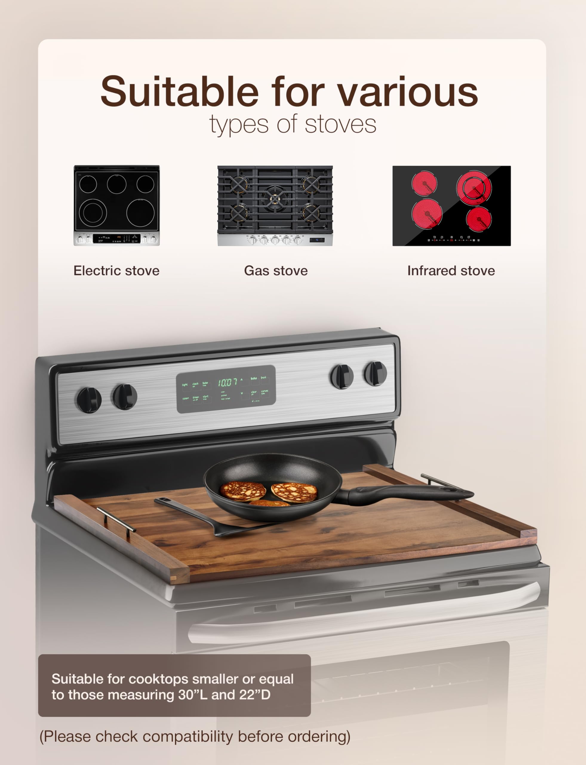 Durable acacia wood surface complements warm kitchen decor.